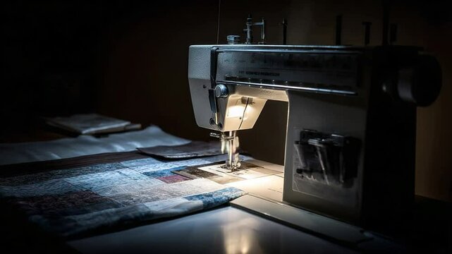 Close-Up Time-Lapse Video of a Vintage Sewing Machine Crafting a Patchwork Quilt in Dim Lighting