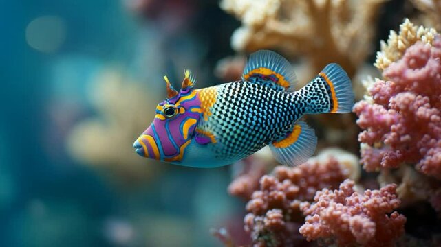 Underwater life: Colorful Reef Triggerfish swimming near coral reefs in the deep ocean with