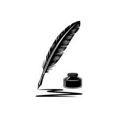 Vintage feather quill pen with inkwell and black ink stroke