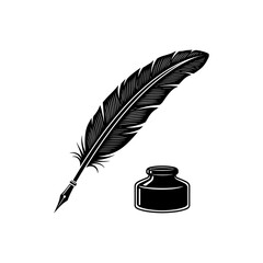 Vintage old quill pen with inkwell