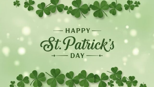 Happy St. Patrick's Day Green Clover Background - A festive St. Patrick's Day design features a pastel green background with sparkling bokeh lights. Shamrocks frame the greeting "Happy St.