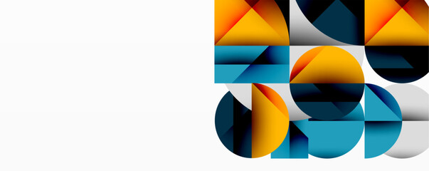 Abstract geometric composition. Shapes overlap, creating dynamic visual interest. Colors include orange, blue, yellow, gray. Minimalist design.