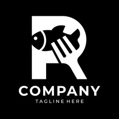 Food logo design that combines the letter r with a fish and a fork, using white.