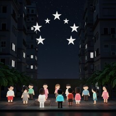 Night Scene: Glowing Stars Above a Gathering of People in a City Setting