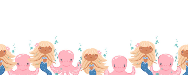 Seamless vector marine border with blonde mermaids, pink octopuses, seaweed and bubbles. Ideal for packaging, textiles, stationery and playful ocean themed designs