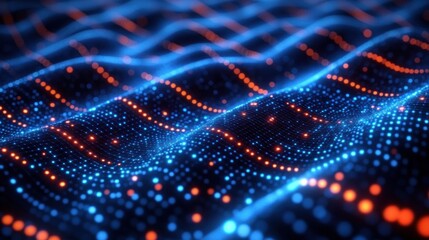 Abstract wave of glowing points in blue and orange