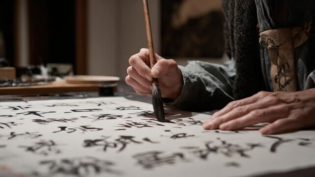 Close-up of an artist creating calligraphy art with brush and ink, traditional asian art