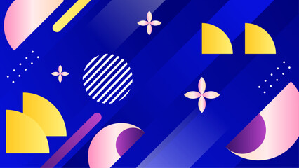 Abstract blue design with colorful geometric shapes and flowers; ideal for backgrounds, print materials, web graphics, and contemporary art projects.