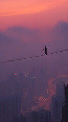 Balancing Above the City: A Daring Tightrope Walk Against a Majestic Sunset Backdrop