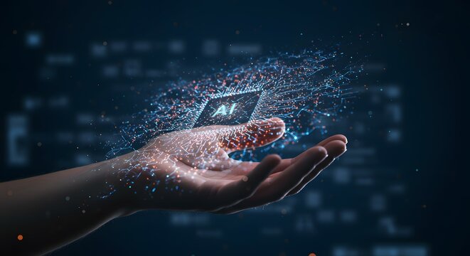 Futuristic artificial intelligence concept with a glowing AI processor chip in a human hand, dissolving into a plexus data network. Technology and innovation.