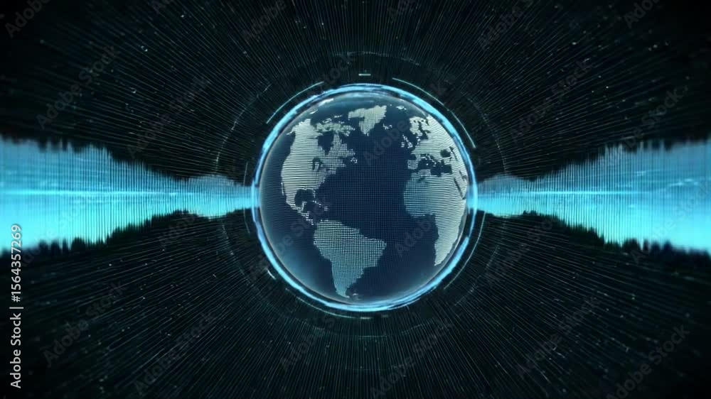 Wall mural global communication technology with world globe and digital sound wave visualisation