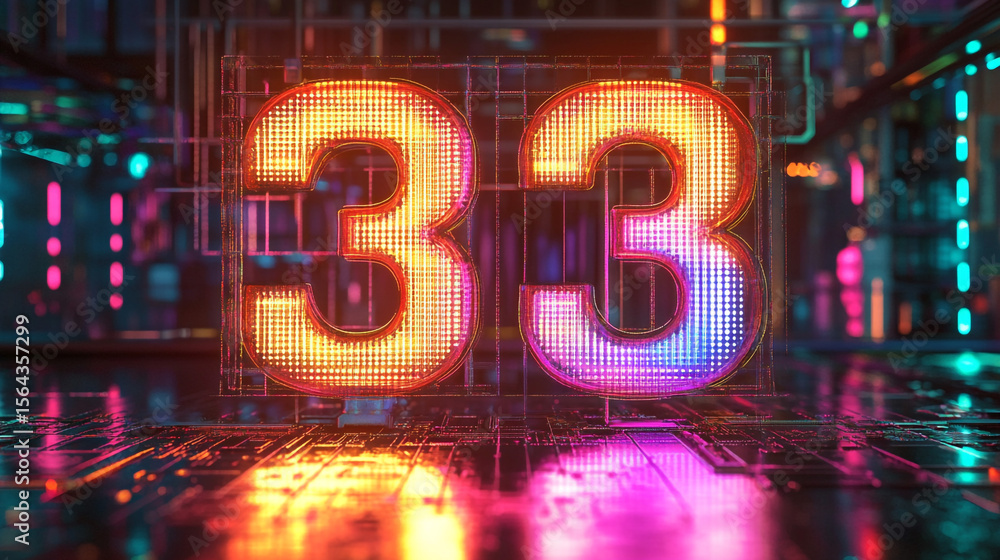 Poster futuristic neon number 33 display with vibrant digital patterns in 3d. a glowing neon number 33 disp