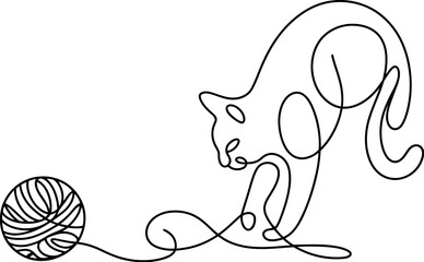Single line drawing of a cat playing with yarn ball minimal art vector illustration line art design