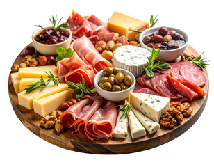 Overflowing Gourmet Charcuterie Board with Rich Variety of Toppings, angled view, isolated on transparent background