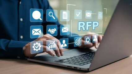 Person typing on laptop with rfp and business icons overlayed on the screen in a digital interface - Powered by Adobe