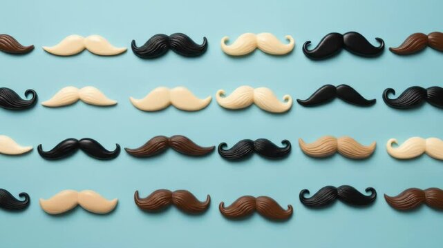 Colorful Mustaches on Blue Background - A flat lay video showcases a pattern of various colored plastic mustaches arranged in neat rows against a light blue backdrop.