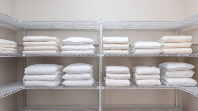 Hospital linen room with neatly folded white sheets and pillows on metal shelves, creating clean and organized atmosphere