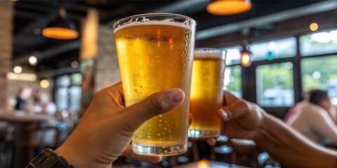 Cheers to good times! A close-up captures two hands raising beer glasses in a toast, bubbles rise in the glasses