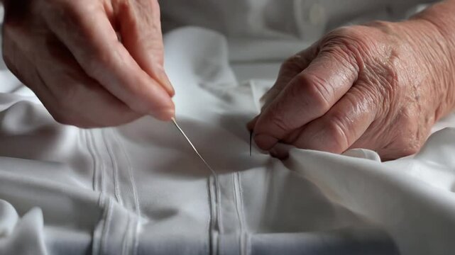 Close-up of elderly hands meticulously sewing white fabric with needle and thread for repair or