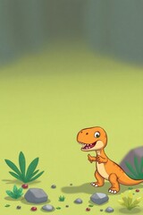 Fototapeta premium Cheerful Cartoon Dinosaur Gesturing on Green Field Background.