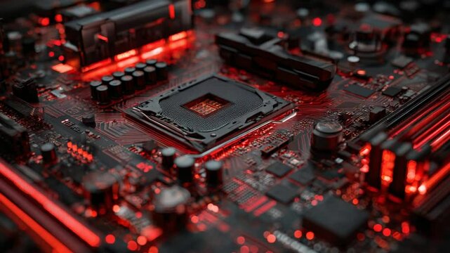 Red illuminated high end pc gaming motherboard for custom built computers technology