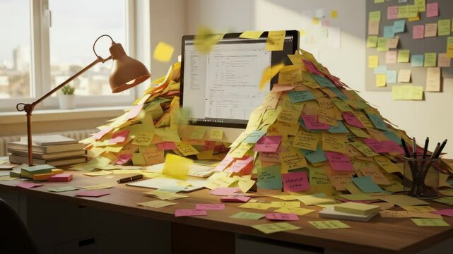Overwhelmed Desk with Sticky Notes - A computer monitor and desk are completely covered in colorful sticky notes, symbolizing a feeling of being overwhelmed or having too many tasks.