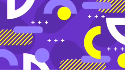 Purple abstract background with yellow and white geometric shapes. Suitable for web design, marketing materials, and contemporary art concepts.