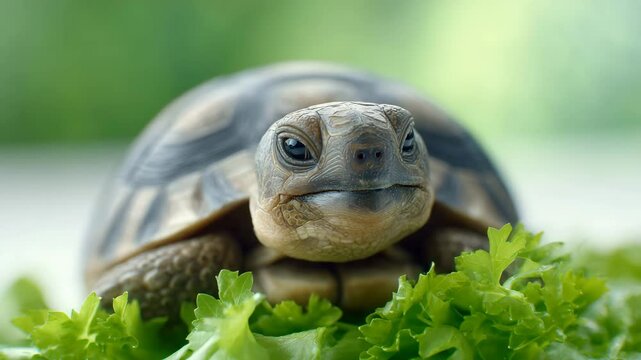 Greek Tortoise on Parsley: A close-up shot of a Greek tortoise, its shell displaying intricate patterns, sits majestically on a bed of fresh parsley.  Its gaze is intense.