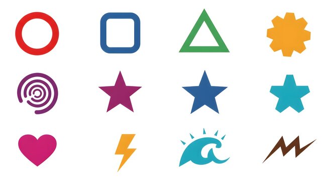 Colorful flat vector icons collection featuring basic geometric shapes like circles, squares, and triangles, plus modern symbols of hearts, stars, and waves.