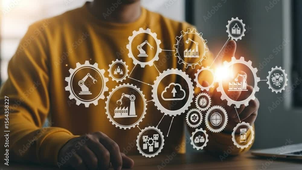 Poster person interacting with digital interface showing factory automation and cloud technology