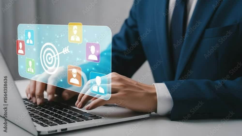 Poster person typing on a laptop with a target and people icons overlayed on the screen interface view