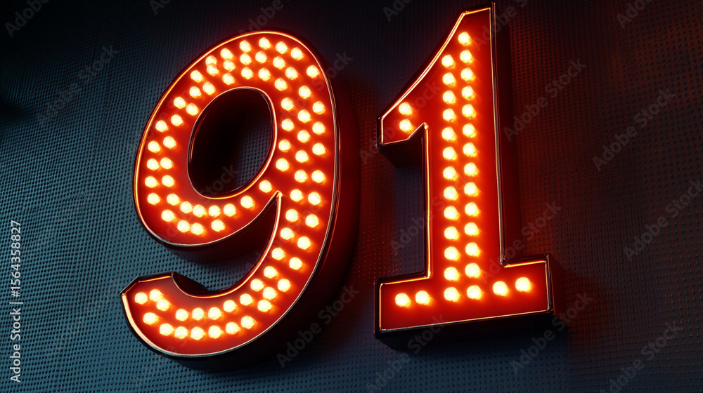 Poster neon styled number 91 on black background with lights, creating a captivating and stylish design emp