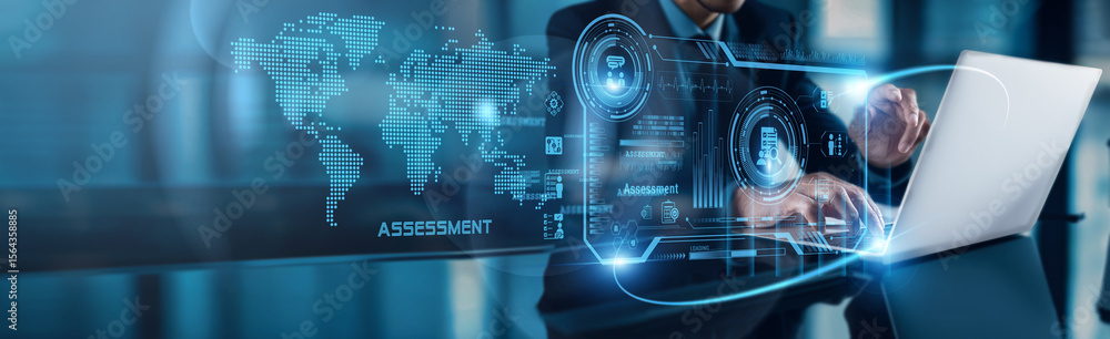 Poster businessman using laptop with analysis data of assessment-driven growth on global network platforms 