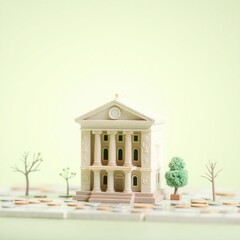 Miniature Bank Building with Coins and Trees on Green Background