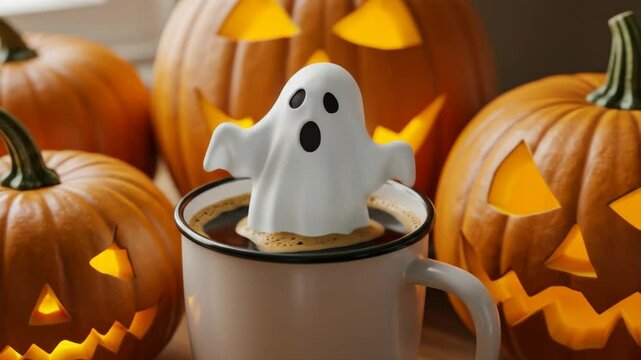 Spooky Halloween Coffee with Ghost - A white ghost floats in a mug of coffee, surrounded by illuminated jack-o'-lanterns. The scene is warm and inviting, perfect for a Halloween celebration.