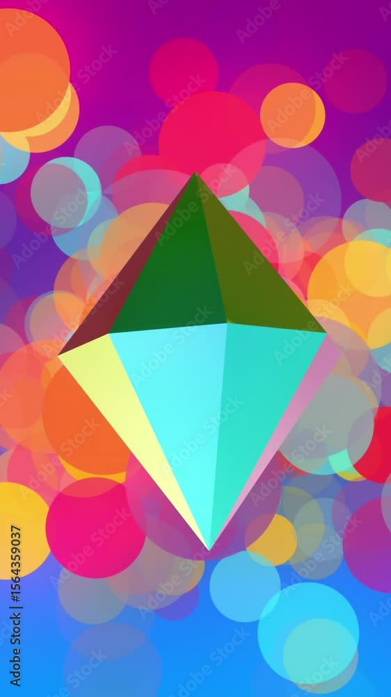 Poster animation of 3d multicoloured shape over neon multi coloured background