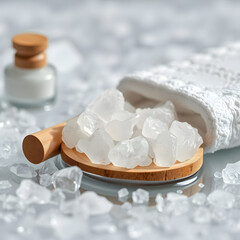 Close-up of white crystals on a wooden spoon with a towel and bottle, set against a background of smaller crystals.