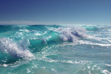 Infinite Turquoise: Capturing the Mesmerizing Dance of Ocean Waves Under Azure Skies with Shimmering Sunlit Crests