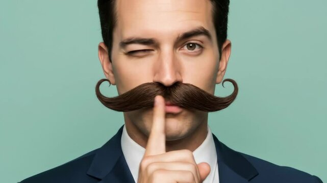 Secretive Businessman with Mustache - A well-dressed man with a handlebar mustache holds a finger to his lips, signifying secrecy or silence.