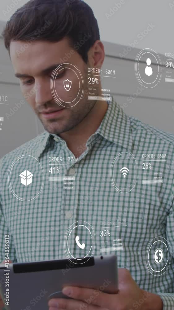 Poster animation of icons with data processing over diverse workers using tablet