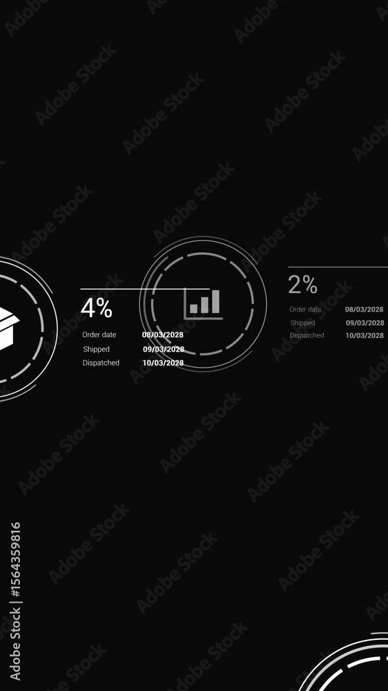 Poster animation of icons with data processing on black background