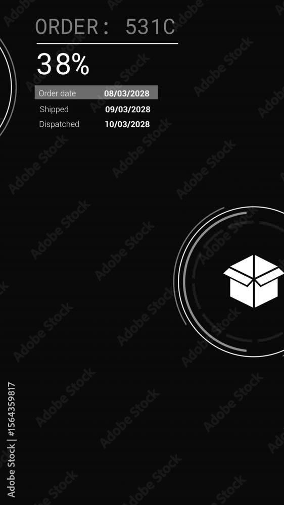 Poster animation of icons with data processing on black background