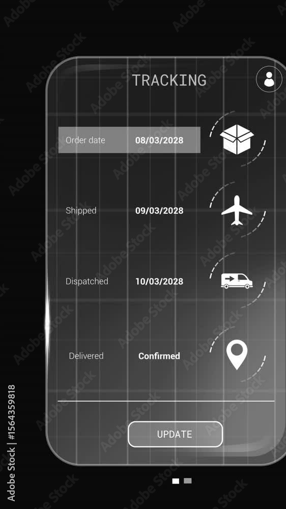 Poster animation of digital interface with icons and data processing on black background