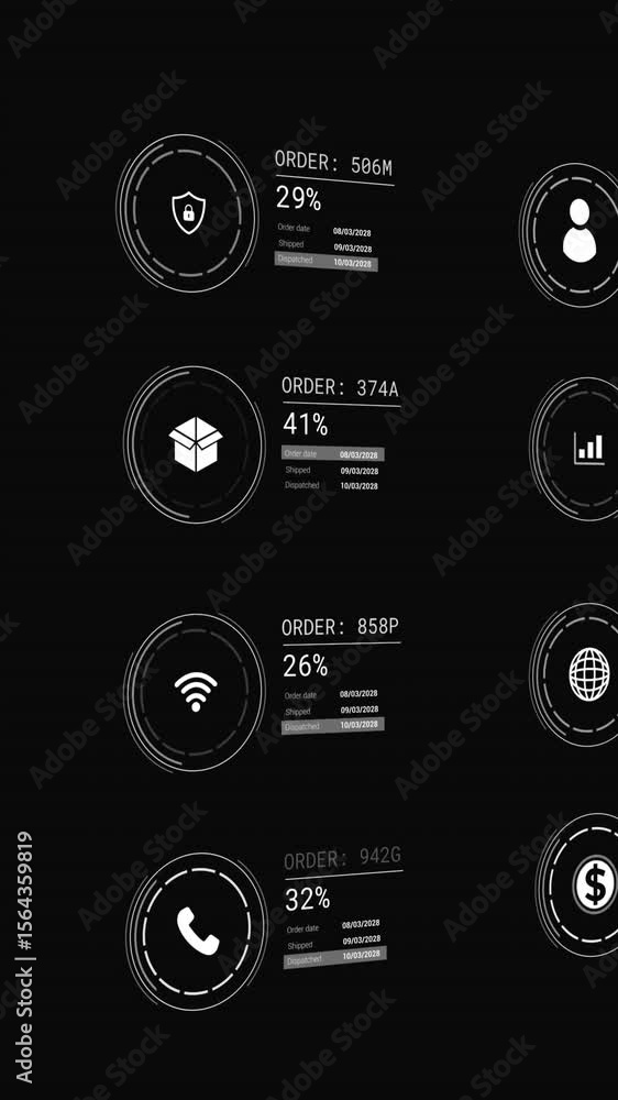 Poster animation of icons with data processing on black background