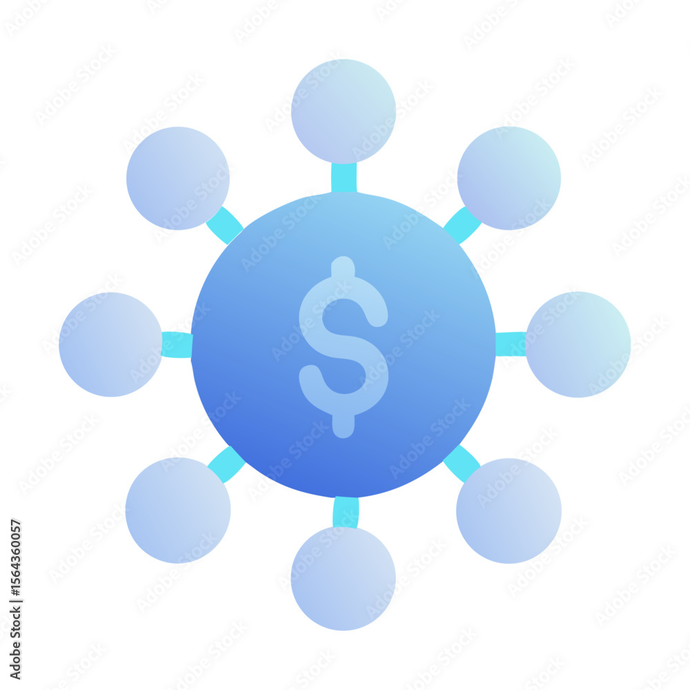 Poster vector art of a blue gradient dollar sign icon in the center of a network of circles, isolated on tr