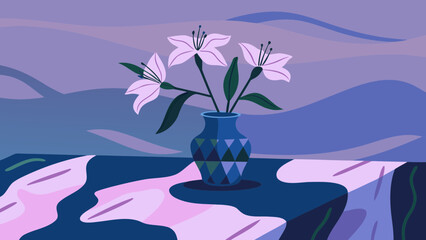 Stylized illustration of pink lilies in a blue vase on a table with abstract background