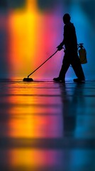 A man is cleaning a floor with a mop