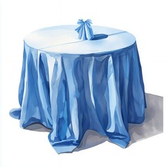 Watercolor Painting of Blue Tablecloth on Round Table