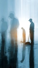 A group of men are standing in a line, with one of them holding a broom