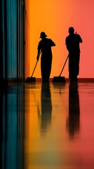 Two men are cleaning a hallway with brooms